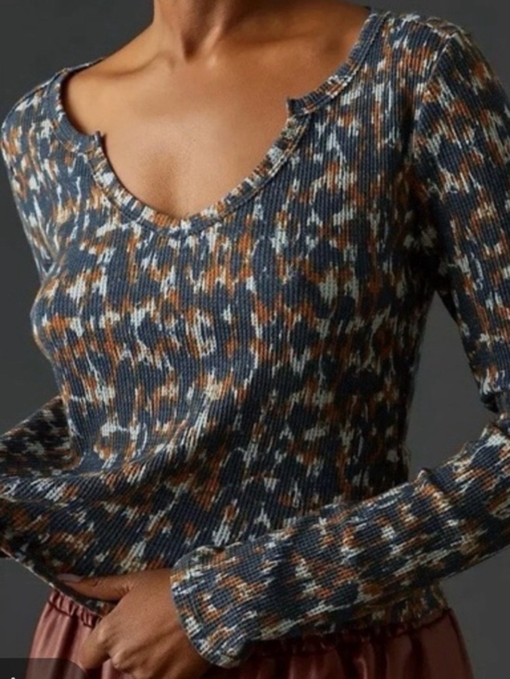 PRE-OWNED SIZE S Pilcro Navy, Brown and Cream Ribbed V-Neck Long Sleeve Top